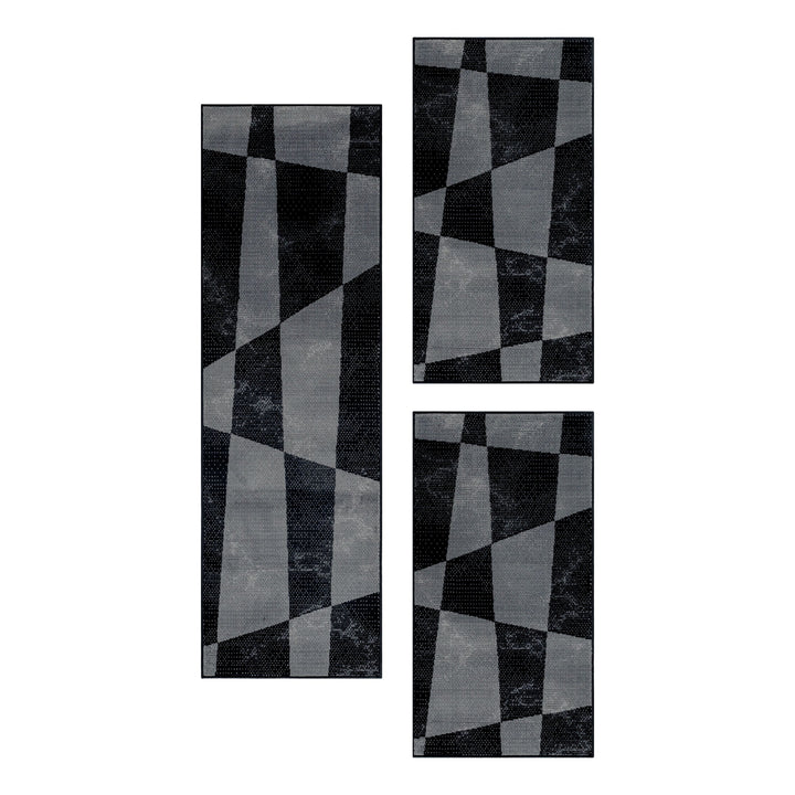 Teppich Läufer Set Schlafzimmer Kurzflor Weich Bettumrandung Schwarz Geometrisch