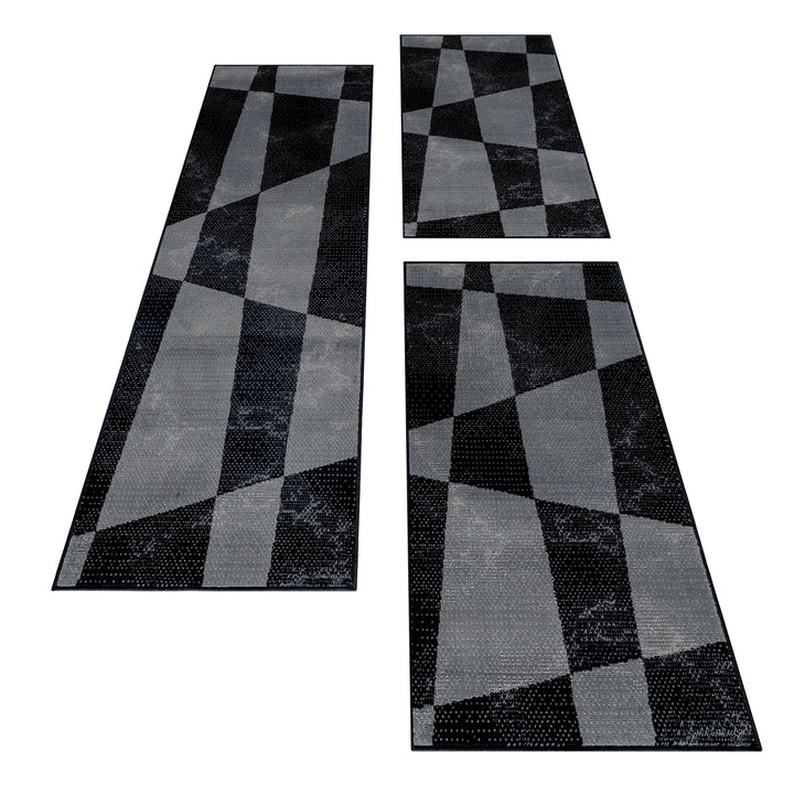 Teppich Läufer Set Schlafzimmer Kurzflor Weich Bettumrandung Schwarz Geometrisch