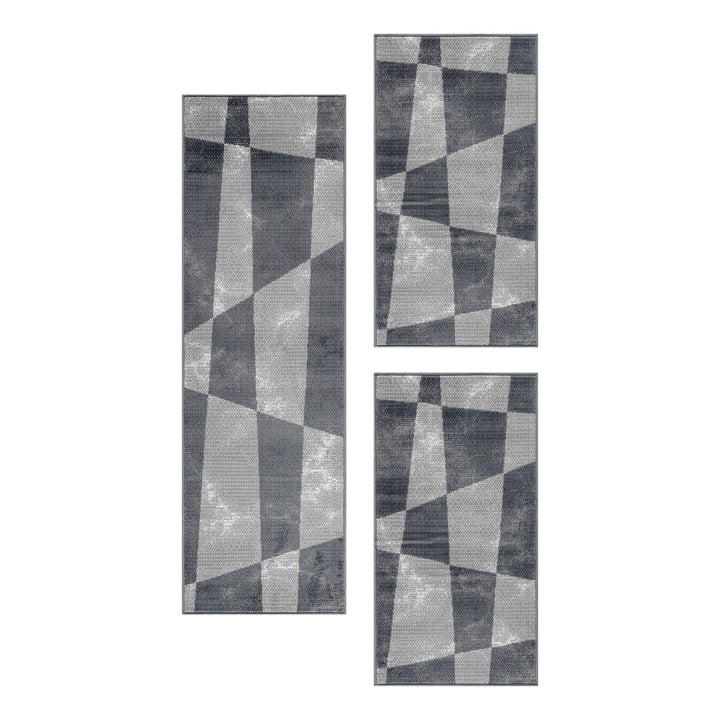 Teppich Läufer Set Schlafzimmer Kurzflor Weich Bettumrandung Grau Geometrisch