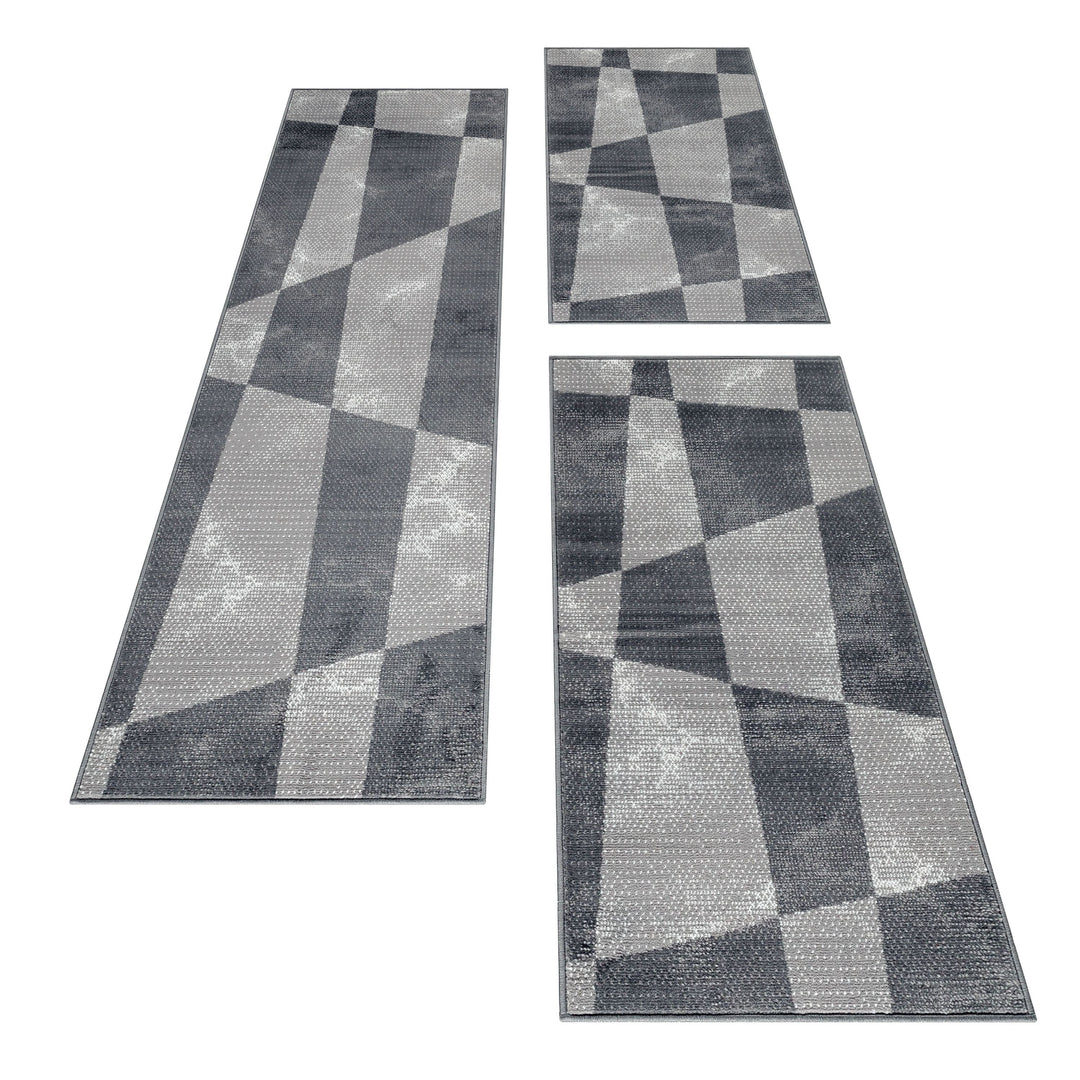 Teppich Läufer Set Schlafzimmer Kurzflor Weich Bettumrandung Grau Geometrisch
