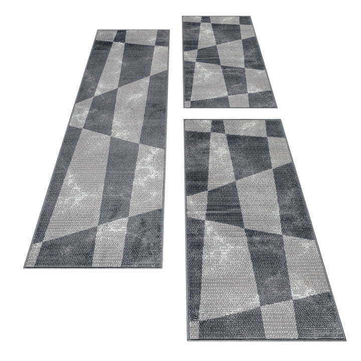 Teppich Läufer Set Schlafzimmer Kurzflor Weich Bettumrandung Grau Geometrisch
