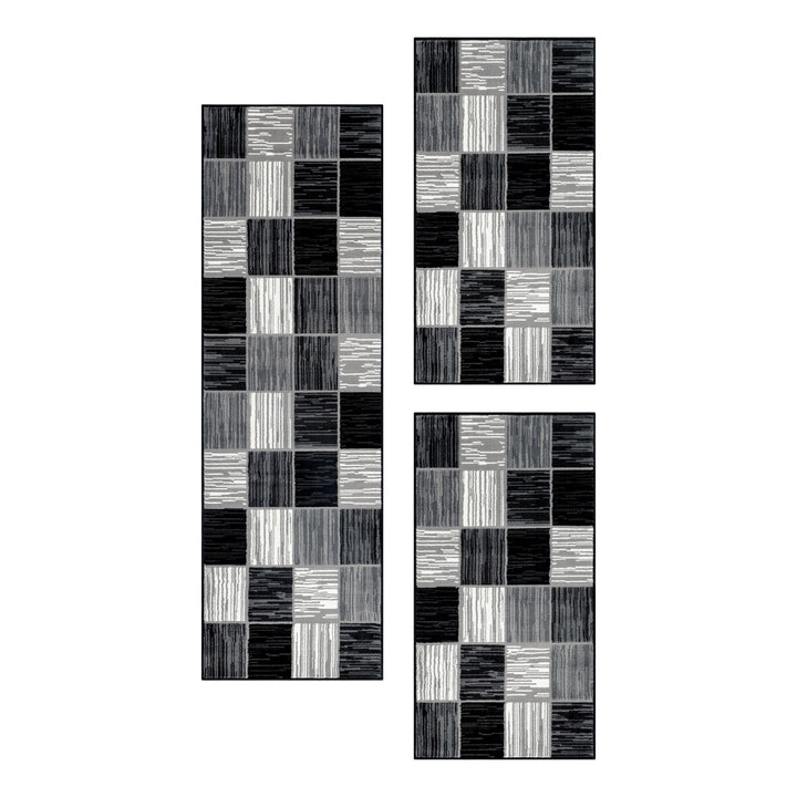 Teppich Läufer Set Schlafzimmer Kurzflor Weich Bettumrandung Schwarz Karo Design