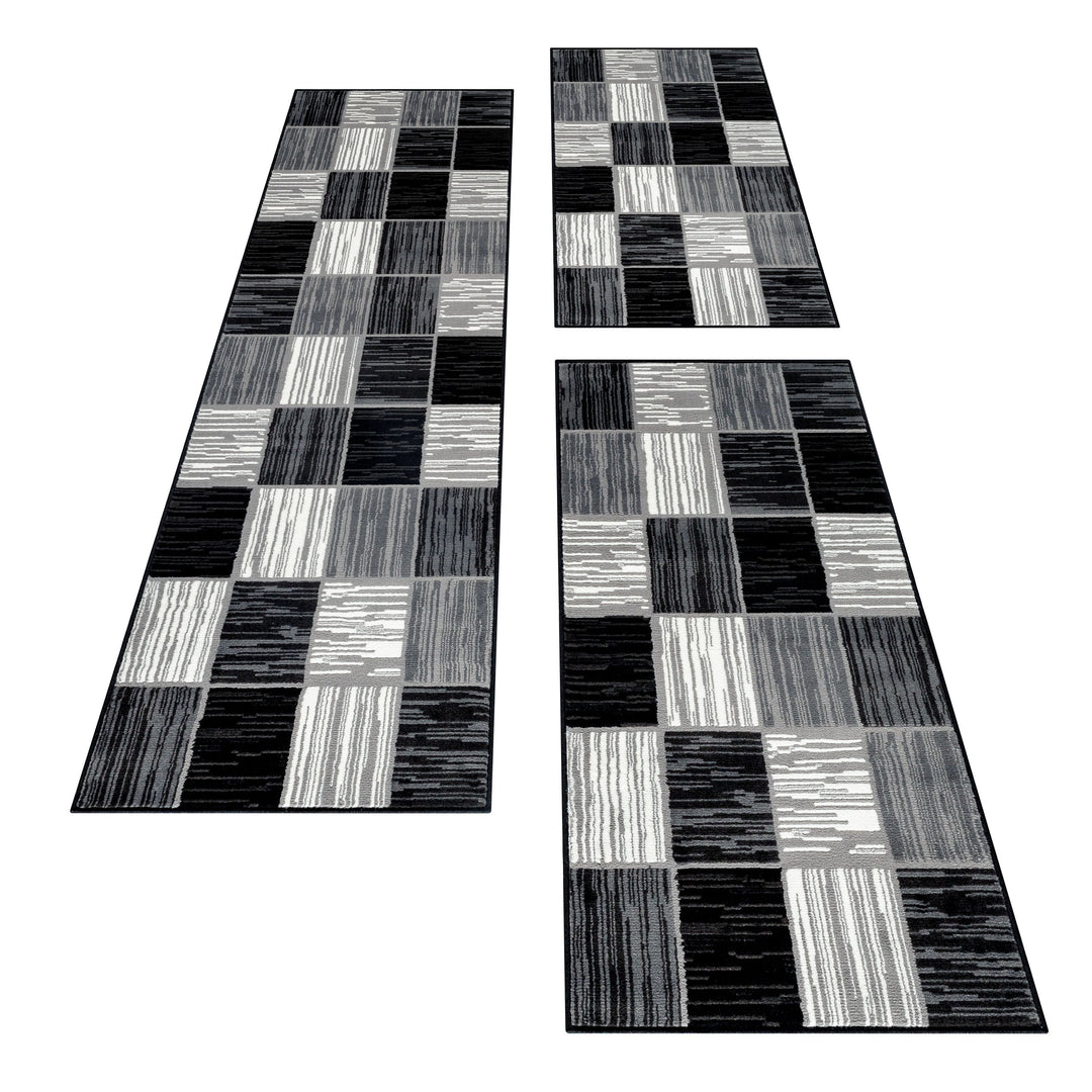 Teppich Läufer Set Schlafzimmer Kurzflor Weich Bettumrandung Schwarz Karo Design