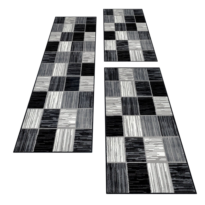 Teppich Läufer Set Schlafzimmer Kurzflor Weich Bettumrandung Schwarz Karo Design