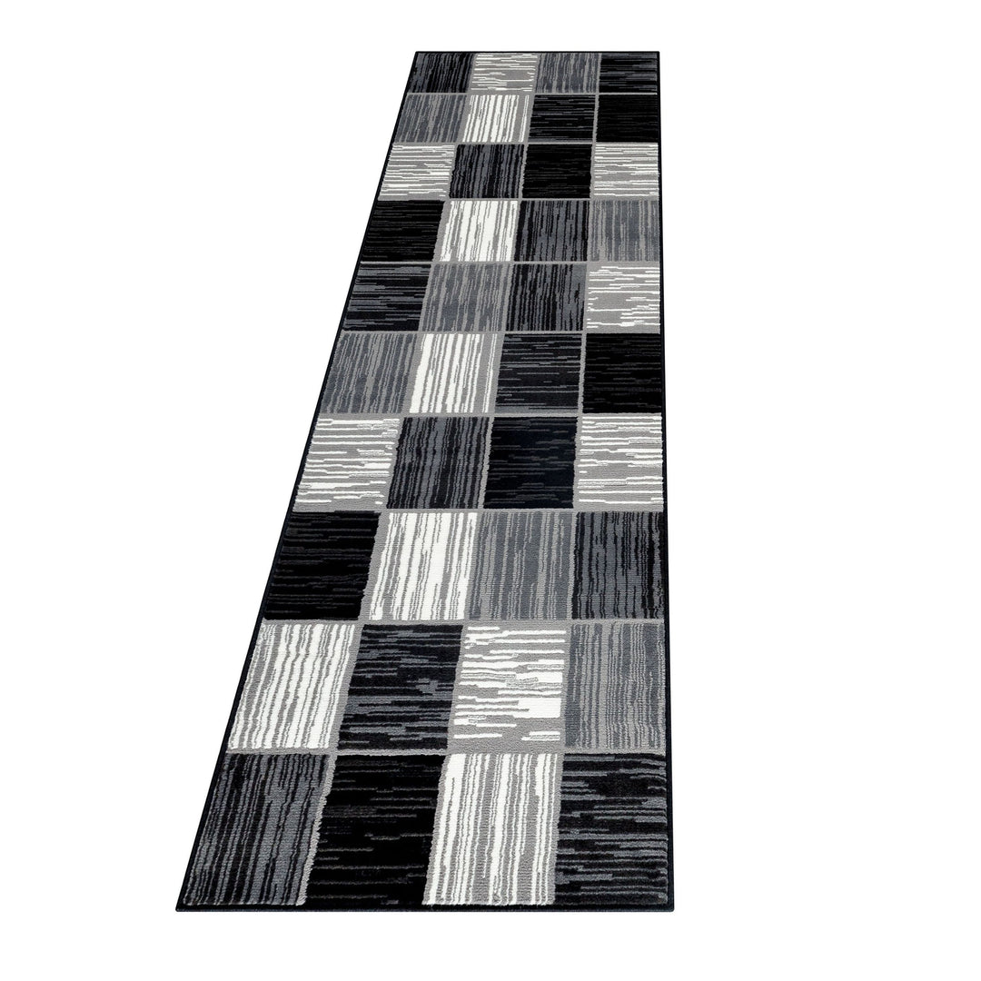 Teppich Läufer Set Schlafzimmer Kurzflor Weich Bettumrandung Schwarz Karo Design