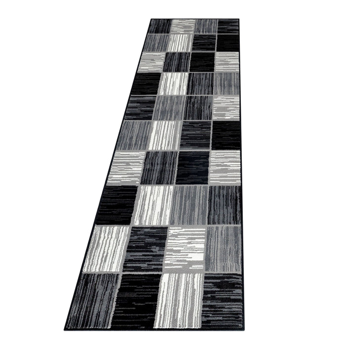 Teppich Läufer Set Schlafzimmer Kurzflor Weich Bettumrandung Schwarz Karo Design