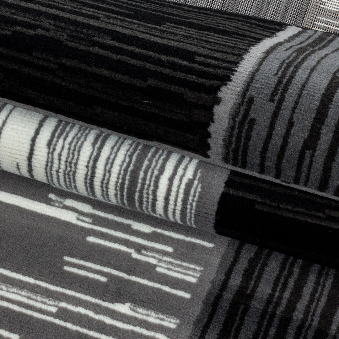 Teppich Läufer Set Schlafzimmer Kurzflor Weich Bettumrandung Schwarz Karo Design