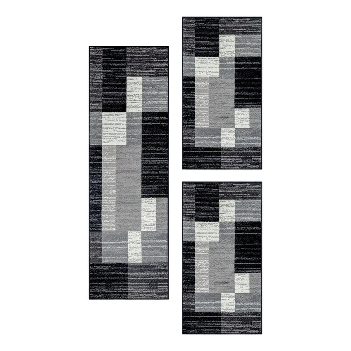 Teppich Läufer Set Schlafzimmer Kurzflor Weich Bettumrandung Grau Muster Modern