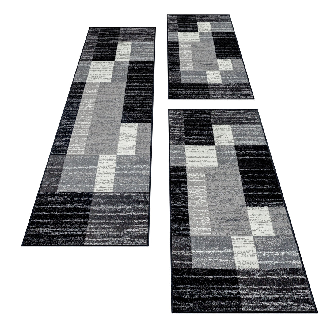 Teppich Läufer Set Schlafzimmer Kurzflor Weich Bettumrandung Grau Muster Modern