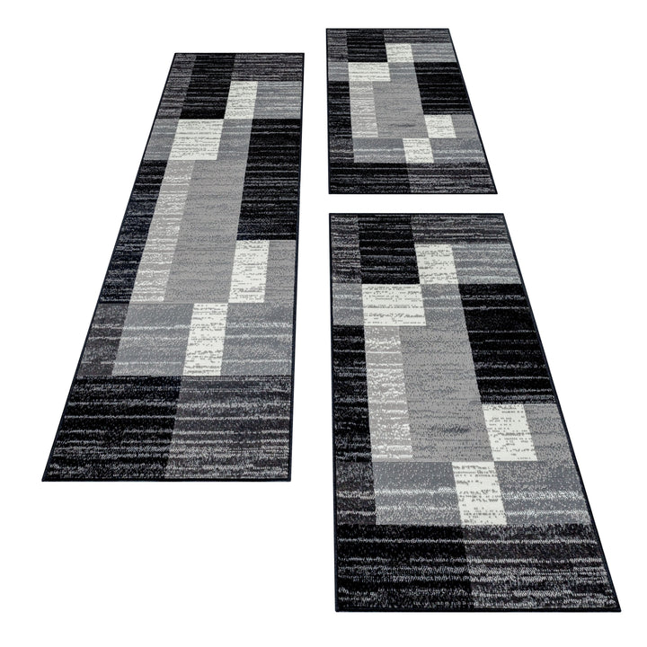 Teppich Läufer Set Schlafzimmer Kurzflor Weich Bettumrandung Grau Muster Modern
