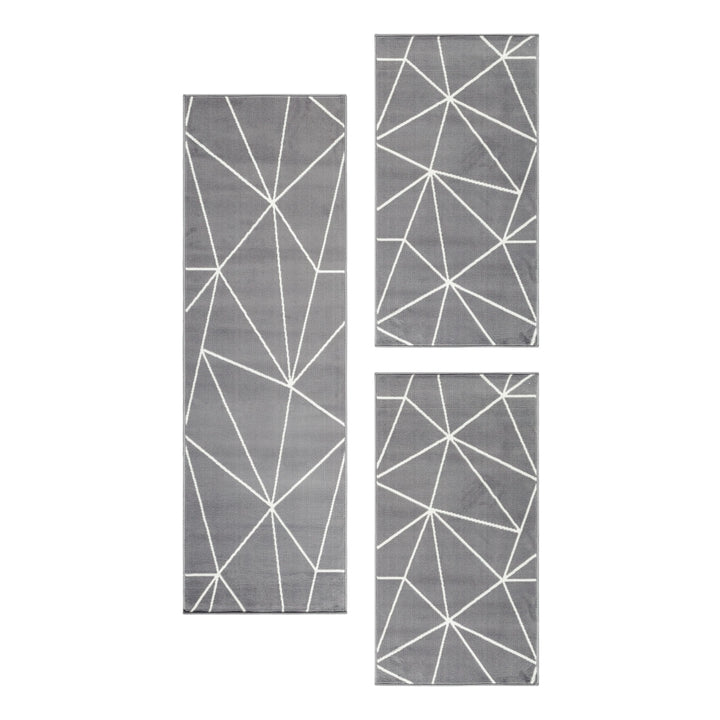 Teppich Läufer Set Schlafzimmer Kurzflor Weich Bettumrandung Grau Dreieck Motiv