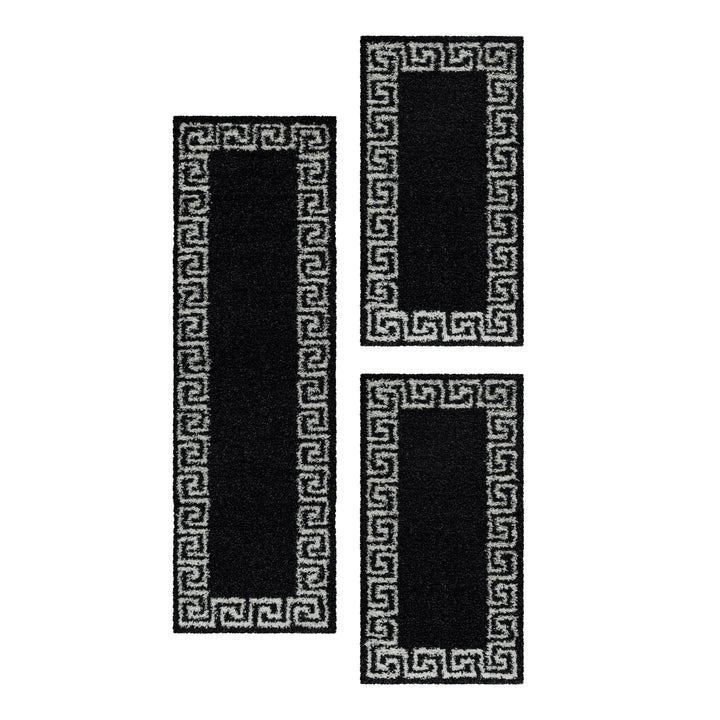 Teppich Läufer Set Schlafzimmer Hochflor Bettumrandung Muster Antik Anthrazit