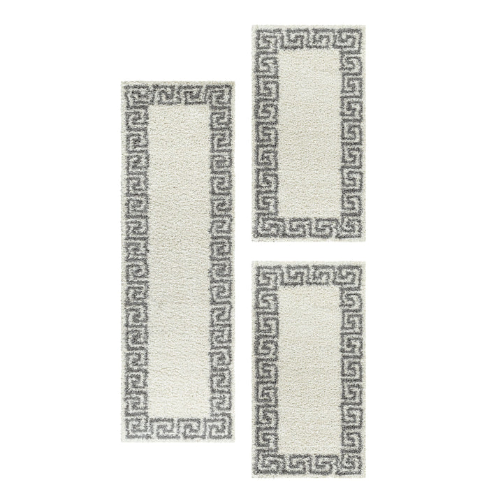 Teppich Läufer Set Schlafzimmer Hochflor Shaggy Bettumrandung Muster Antik Creme