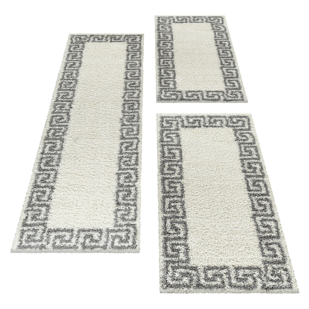 Teppich Läufer Set Schlafzimmer Hochflor Shaggy Bettumrandung Muster Antik Creme