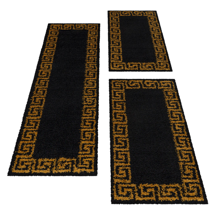 Teppich Läufer Set Schlafzimmer Hochflor Shaggy Bettumrandung Muster Antik Gold