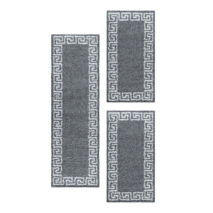 Teppich Läufer Set Schlafzimmer Hochflor Shaggy Bettumrandung Muster Antik