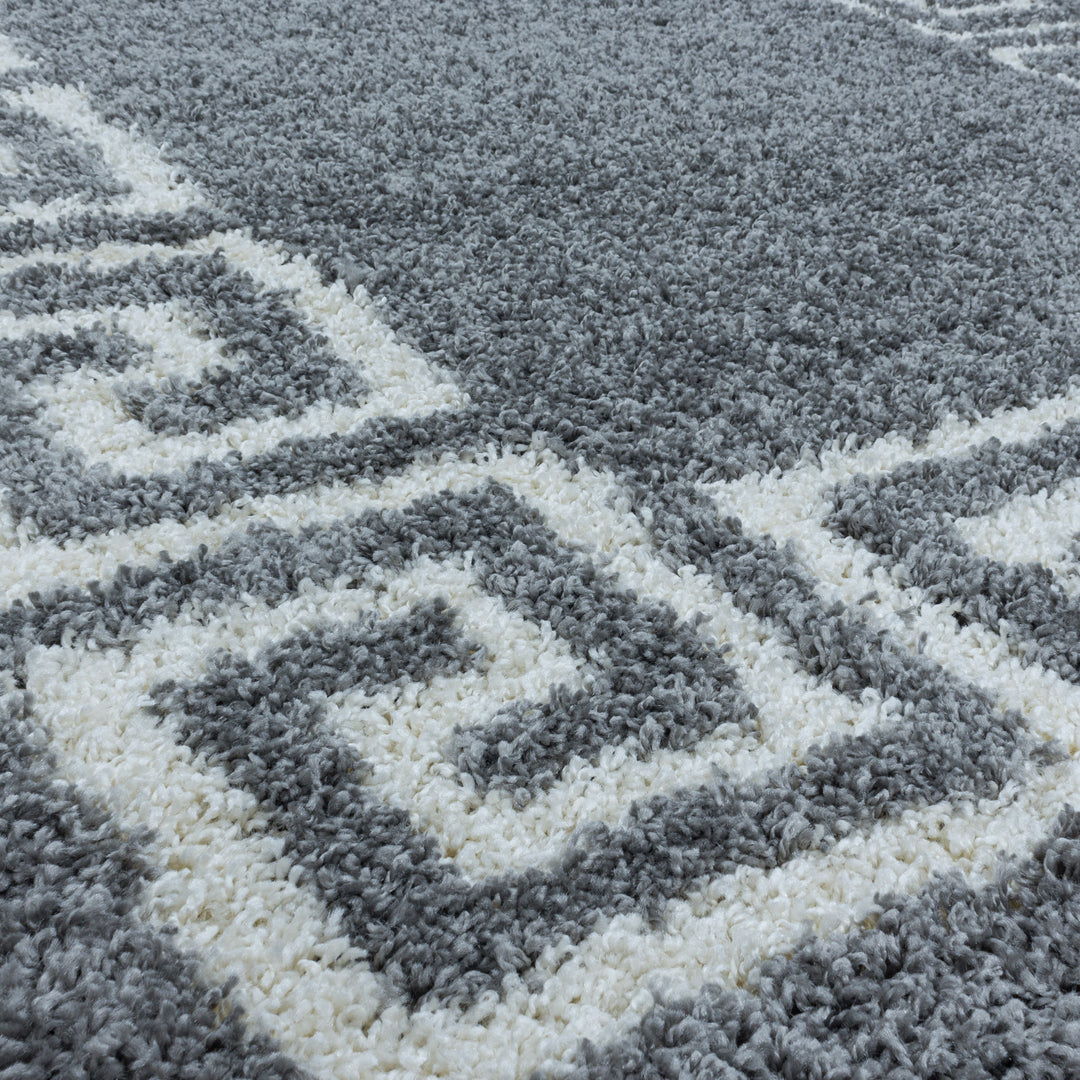 Teppich Läufer Set Schlafzimmer Hochflor Shaggy Bettumrandung Muster Antik Grau