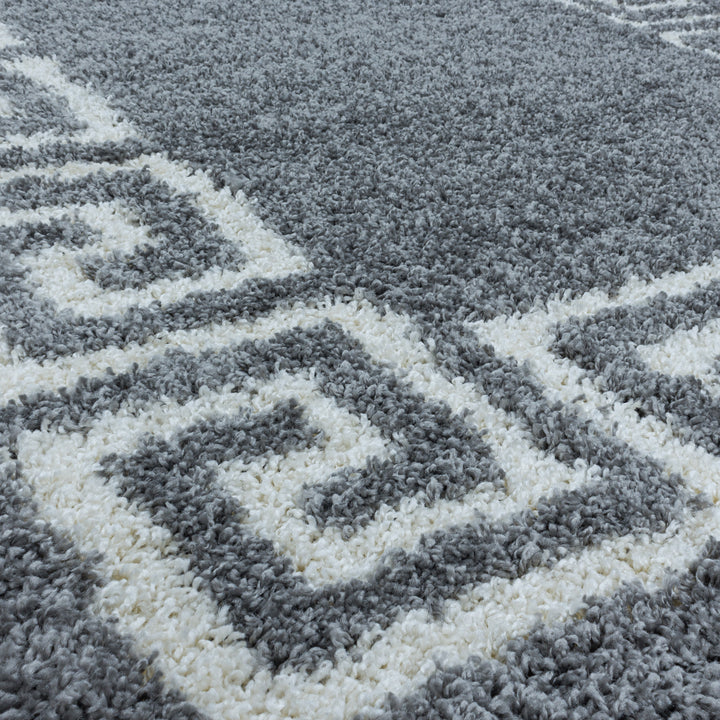 Teppich Läufer Set Schlafzimmer Hochflor Shaggy Bettumrandung Muster Antik Grau