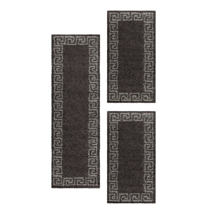 Teppich Läufer Set Schlafzimmer Hochflor Shaggy Bettumrandung Muster Antik