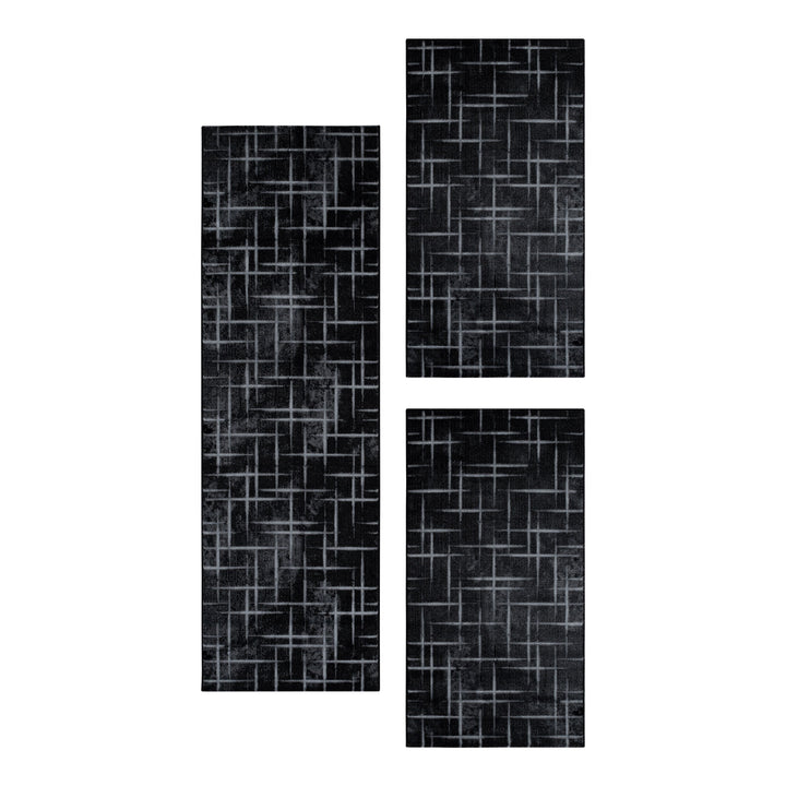 Teppich Läufer Set Schlafzimmer Kurzflor Bettumrandung Gitter Design Schwarz