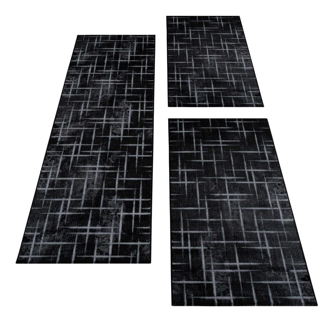 Teppich Läufer Set Schlafzimmer Kurzflor Bettumrandung Gitter Design Schwarz