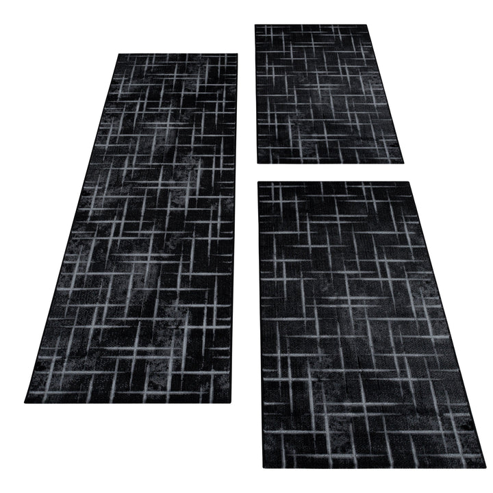 Teppich Läufer Set Schlafzimmer Kurzflor Bettumrandung Gitter Design Schwarz