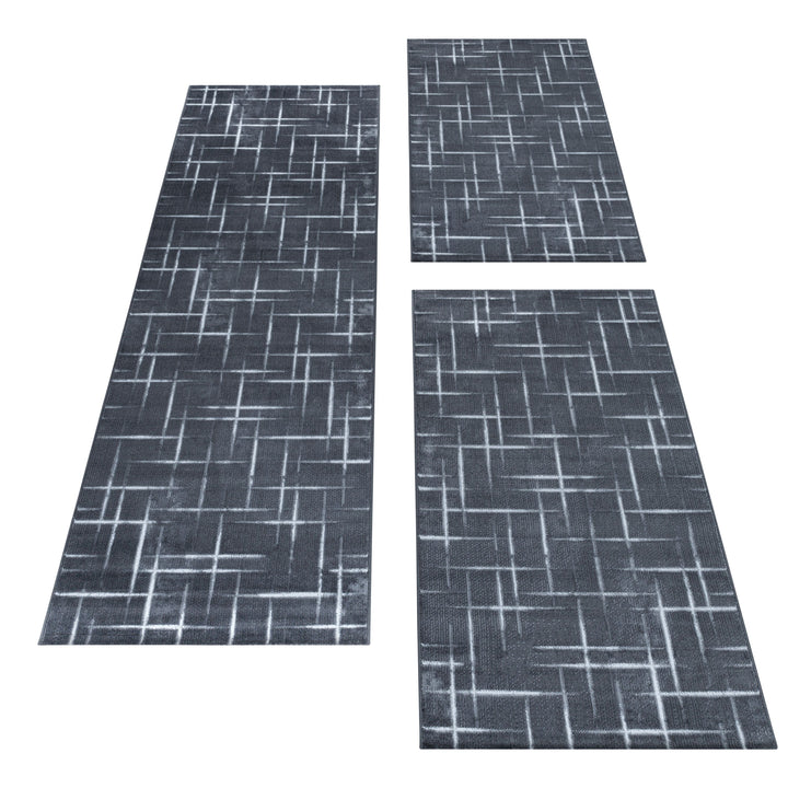 Teppich Läufer Set Schlafzimmer Kurzflor Weich Bettumrandung Gitter Design Grau