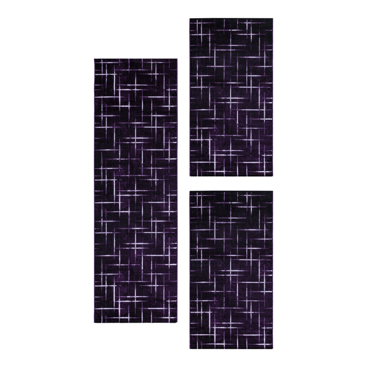 Teppich Läufer Set Schlafzimmer Kurzflor Weich Bettumrandung Gitter Design Lila