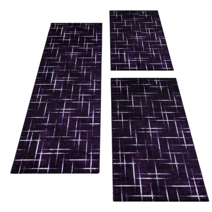 Teppich Läufer Set Schlafzimmer Kurzflor Weich Bettumrandung Gitter Design Lila