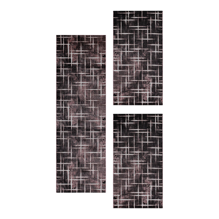 Teppich Läufer Set Schlafzimmer Kurzflor Weich Bettumrandung Gitter Design Pink