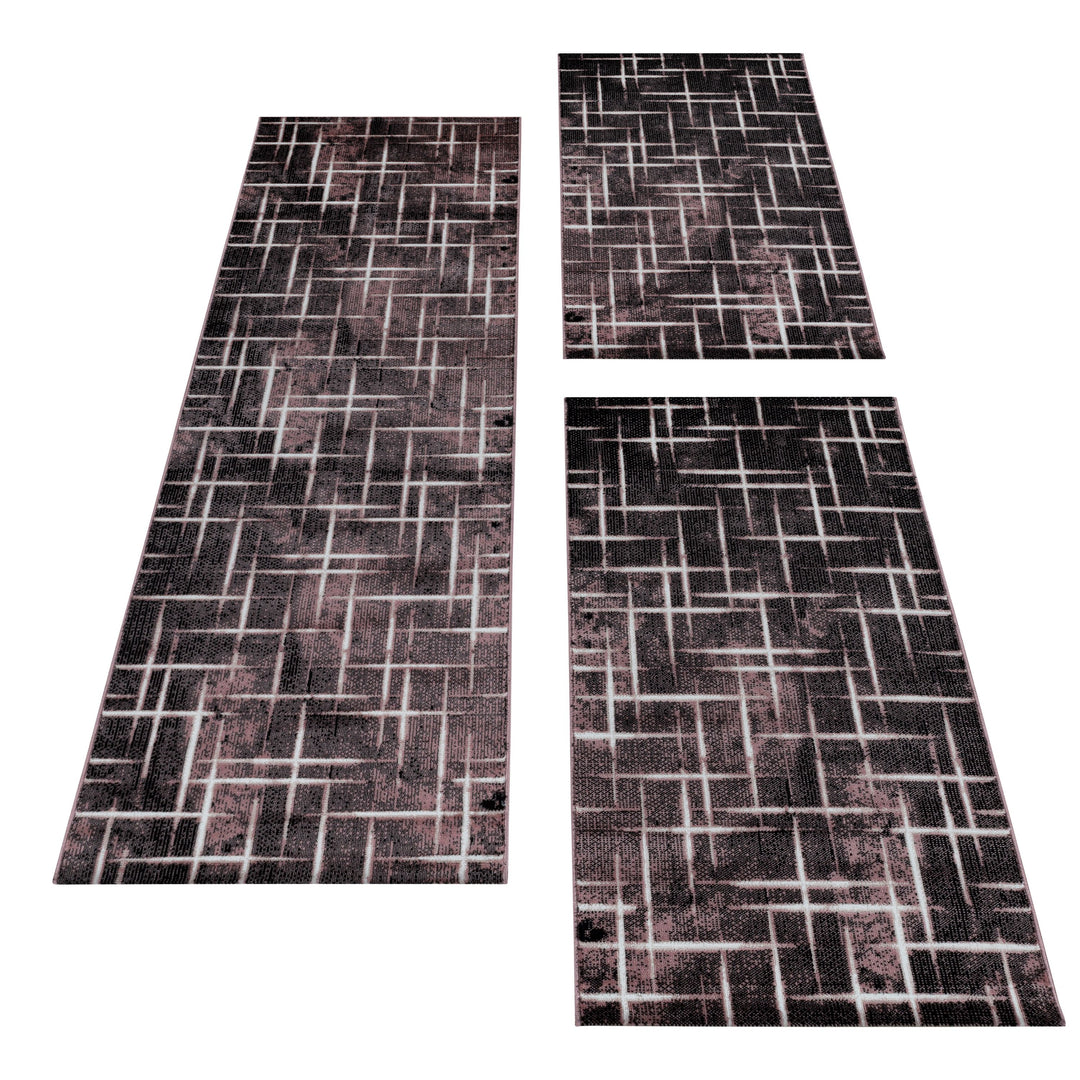 Teppich Läufer Set Schlafzimmer Kurzflor Weich Bettumrandung Gitter Design Pink