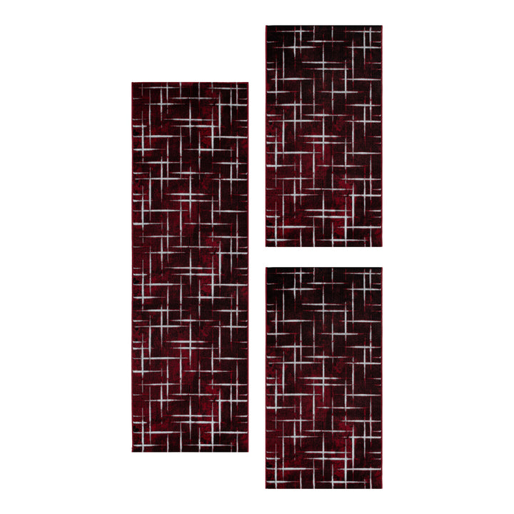 Teppich Läufer Set Schlafzimmer Kurzflor Weich Bettumrandung Gitter Design Rot