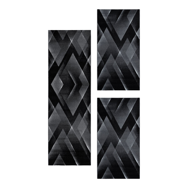 Teppich Läufer Set Schlafzimmer Kurzflor Weich Bettumrandung 3-D Motiv Schwarz