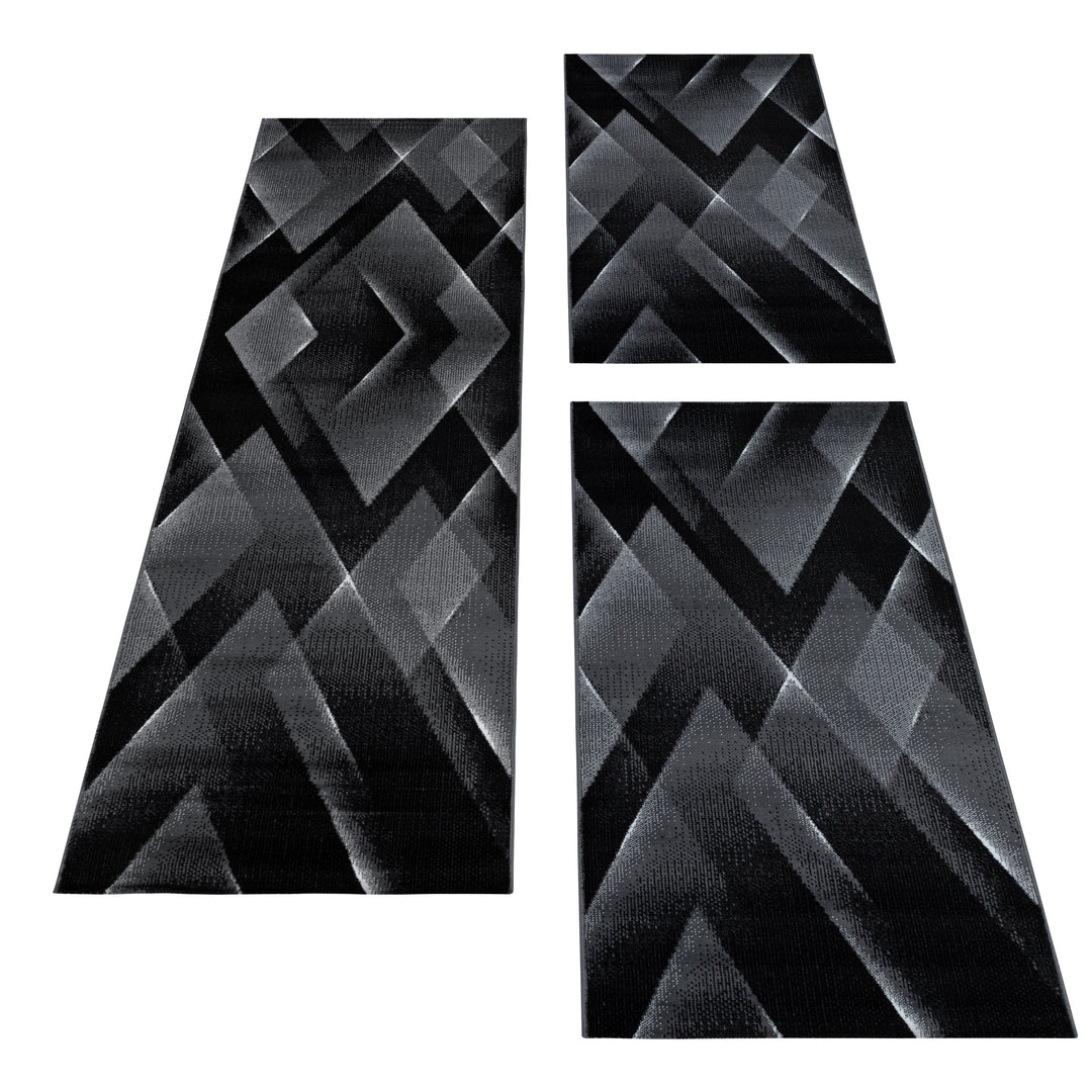 Teppich Läufer Set Schlafzimmer Kurzflor Weich Bettumrandung 3-D Motiv Schwarz