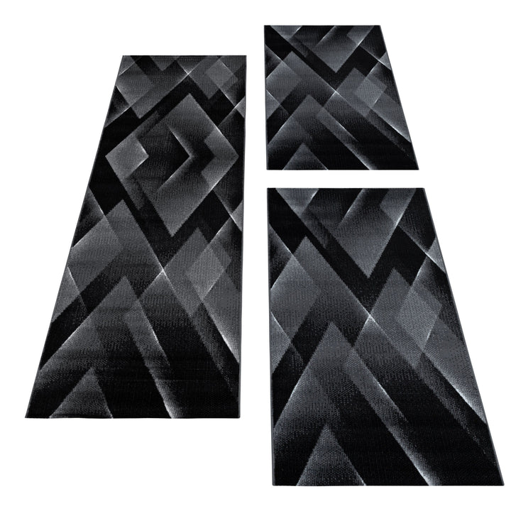 Teppich Läufer Set Schlafzimmer Kurzflor Weich Bettumrandung 3-D Motiv Schwarz