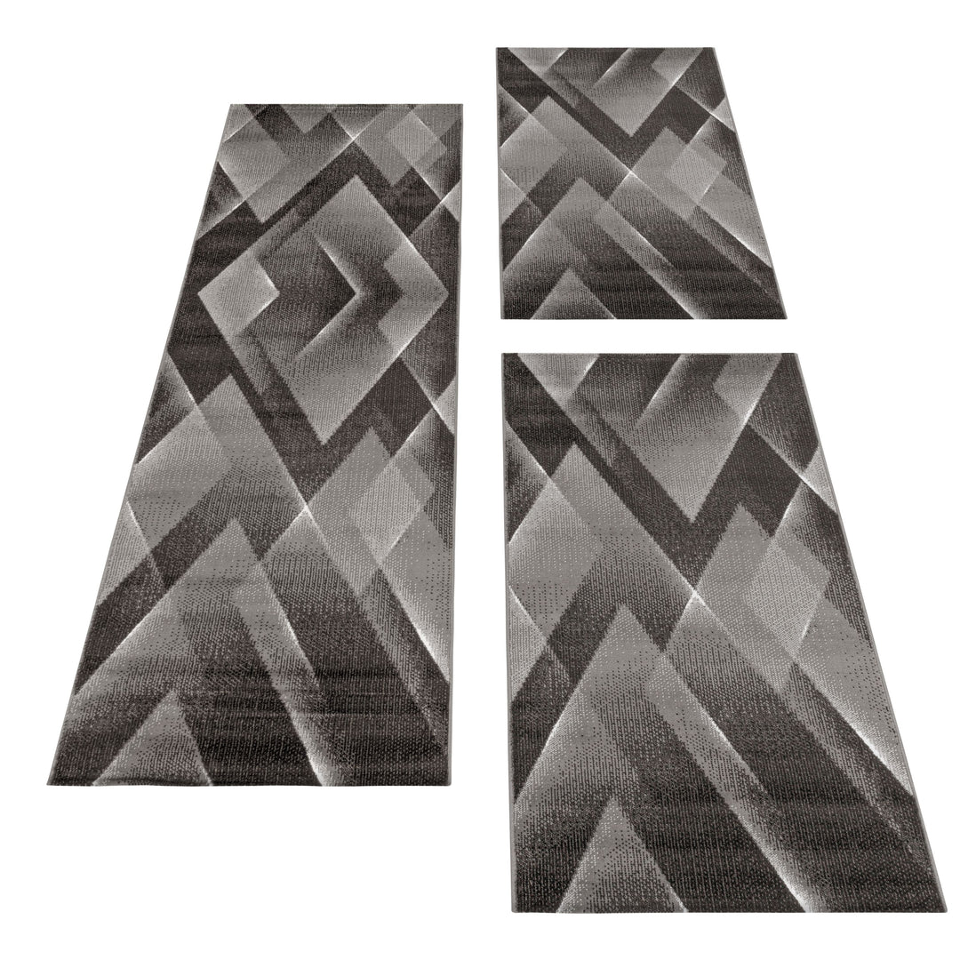 Teppich Läufer Set Schlafzimmer Kurzflor Weich Bettumrandung 3-D Motiv Braun