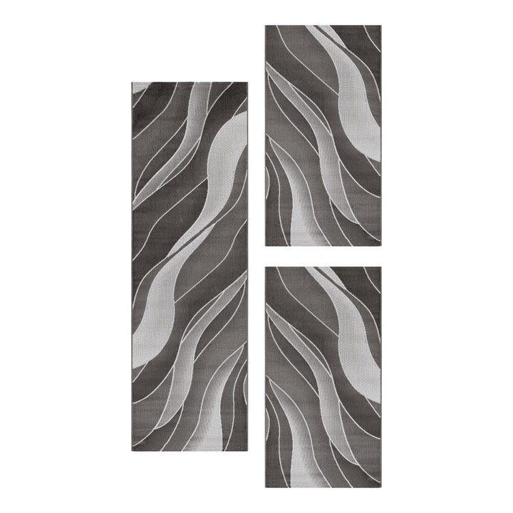 Teppich Läufer Set Schlafzimmer Kurzflor Weich Bettumrandung Wellen Motiv Braun