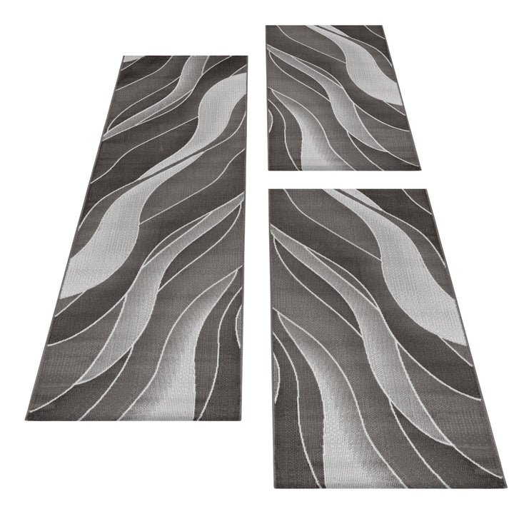 Teppich Läufer Set Schlafzimmer Kurzflor Weich Bettumrandung Wellen Motiv Braun