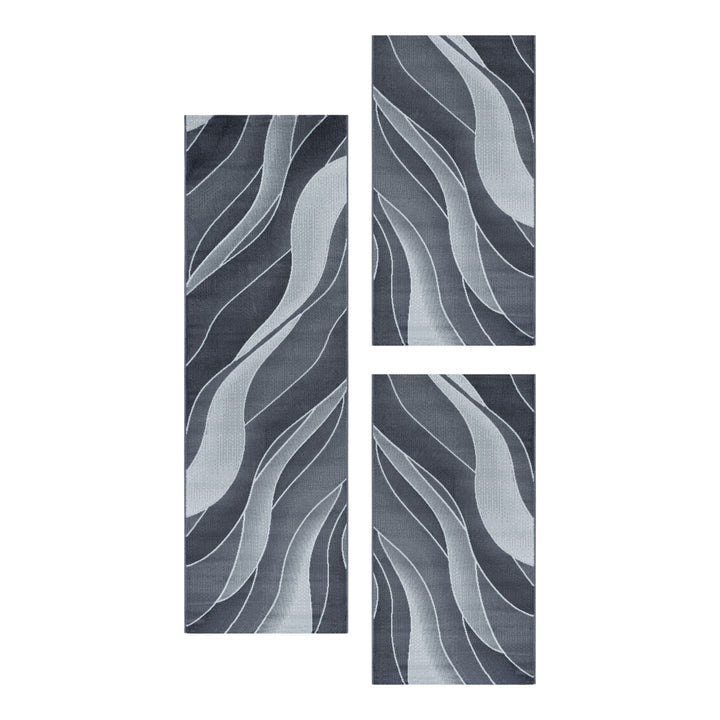 Teppich Läufer Set Schlafzimmer Kurzflor Weich Bettumrandung Wellen Motiv Grau