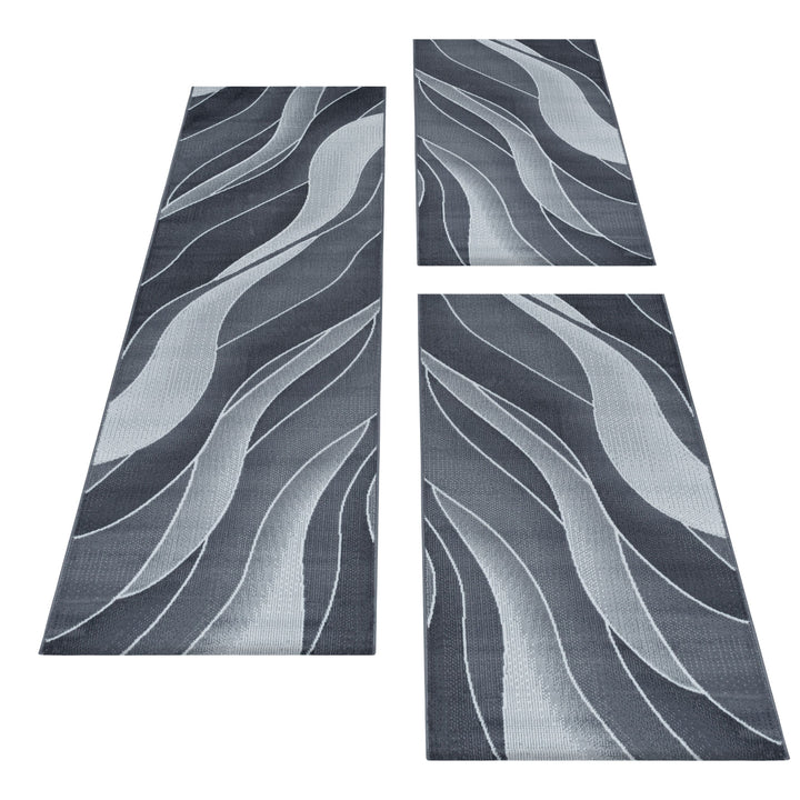 Teppich Läufer Set Schlafzimmer Kurzflor Weich Bettumrandung Wellen Motiv Grau