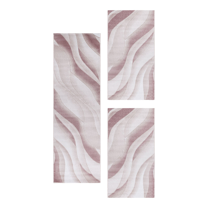 Teppich Läufer Set Schlafzimmer Kurzflor Weich Bettumrandung Wellen Motiv Pink