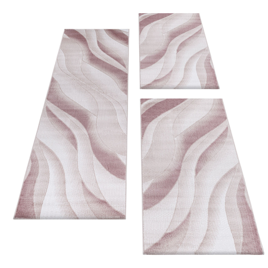 Teppich Läufer Set Schlafzimmer Kurzflor Weich Bettumrandung Wellen Motiv Pink