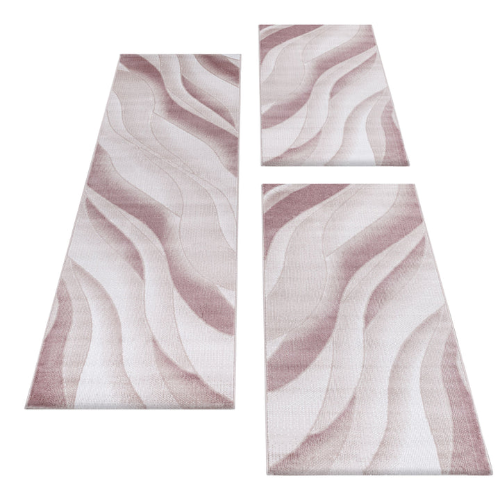 Teppich Läufer Set Schlafzimmer Kurzflor Weich Bettumrandung Wellen Motiv Pink
