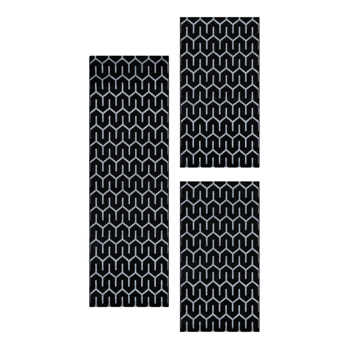 Teppich Läufer Set Schlafzimmer Kurzflor Weich Bettumrandung Skandi Schwarz