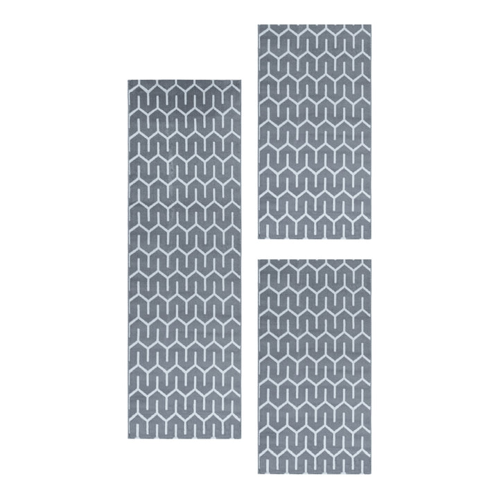 Teppich Läufer Set Schlafzimmer Kurzflor Weich Bettumrandung Skandi Stil Grau