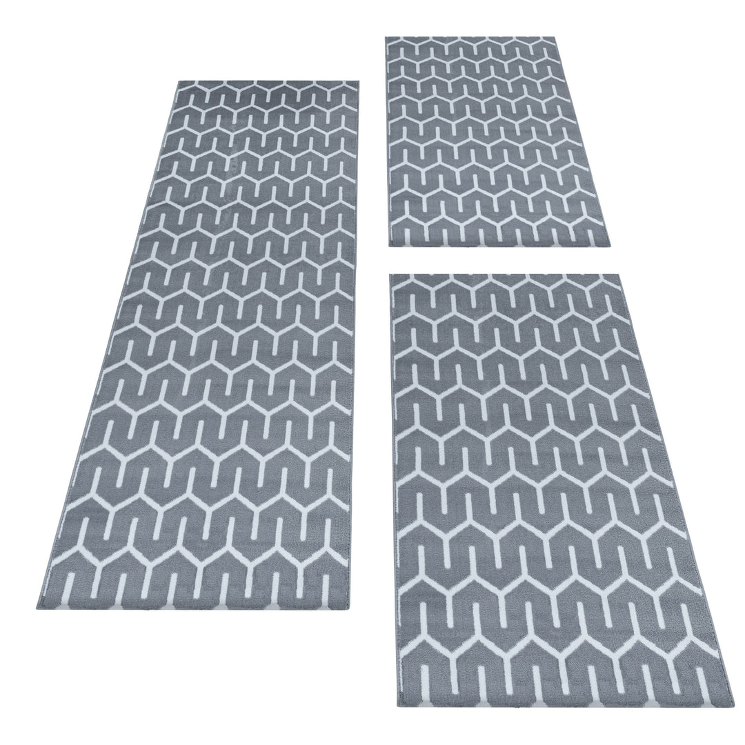 Teppich Läufer Set Schlafzimmer Kurzflor Weich Bettumrandung Skandi Stil Grau