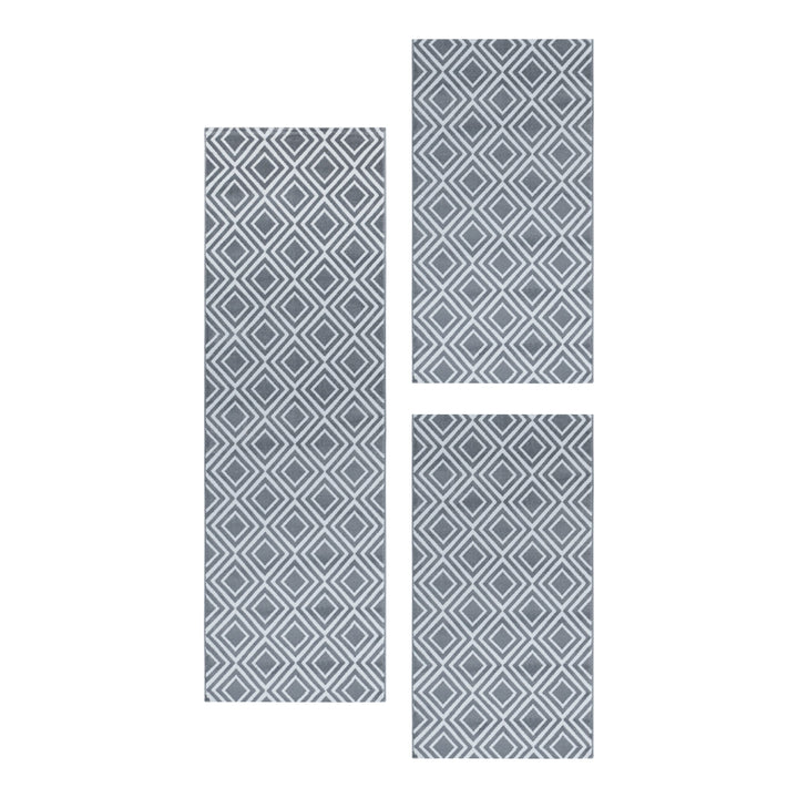 Teppich Läufer Set Schlafzimmer Kurzflor Weich Bettumrandung Skandi Design Grau