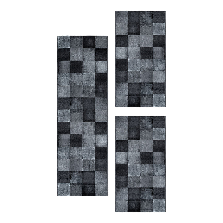 Teppich Läufer Set Schlafzimmer Kurzflor Weich Bettumrandung Design Karo Schwarz