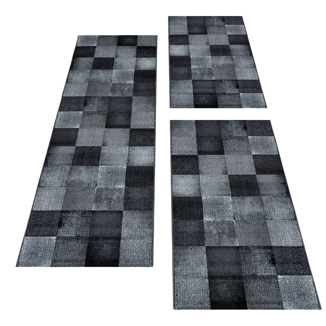 Teppich Läufer Set Schlafzimmer Kurzflor Weich Bettumrandung Design Karo Schwarz