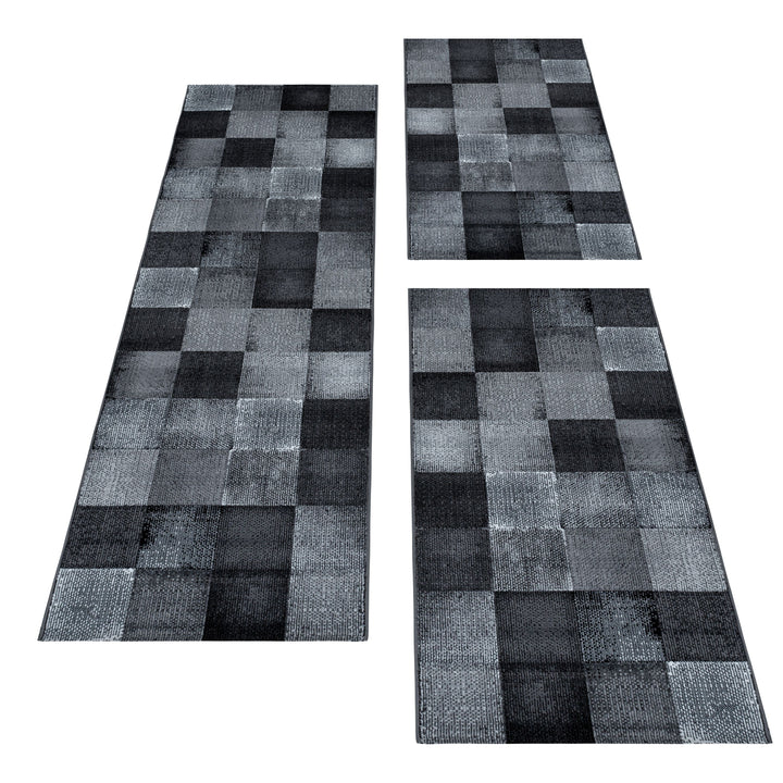 Teppich Läufer Set Schlafzimmer Kurzflor Weich Bettumrandung Design Karo Schwarz